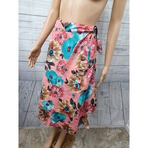 Wrap Skirt Reversible Women Floral Coral Blue Silk Blend Sz M